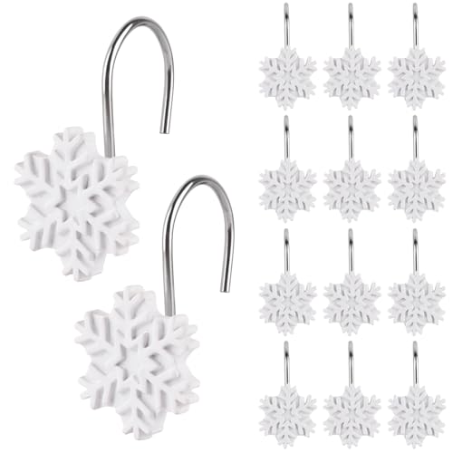 Christmas Shower Curtain Hooks,12pcs White Snowflake Shower Curtain Rings Resin Rust Resistant Winter Christmas Decoration for Bathroom Bedroom and Living Room