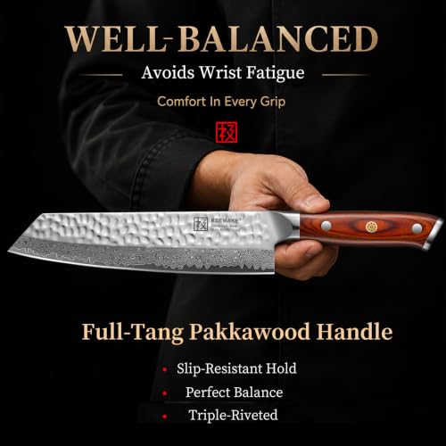 KEEMAKE 8-Inch Damascus Chef Knife with VG10 Steel & Pakkawood Handle - Japanese Kitchen Knife with Wood Sheath