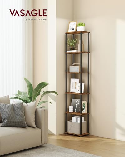 VASAGLE Rustic Brown & Ink Black 6-Tier Storage Shelf Bookcase with 15" Width