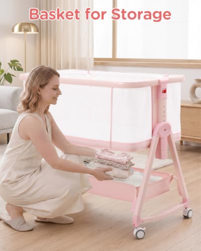 Baby Bedside Sleeper Bassinet with Storage Basket & Wheels - Pink - Variation of THIS listing
