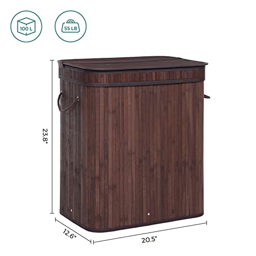 SONGMICS Bamboo Laundry Hamper with Lid & Handles, 100L Chestnut Brown