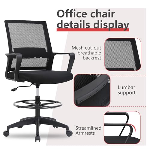 Tall Drafting Chair with Lumbar Support - Black Ergonomic Office Stool
