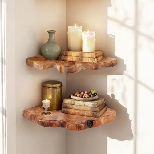 Live Edge Cedar Corner Shelves Set of 2 - Floating Wall Storage for Home & Office