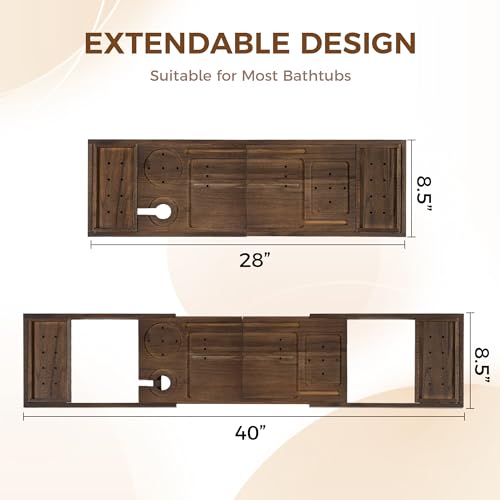 Dark Walnut Teak Bathtub Tray Expandable 28-40 Inch with Wine Glass & Phone Holders