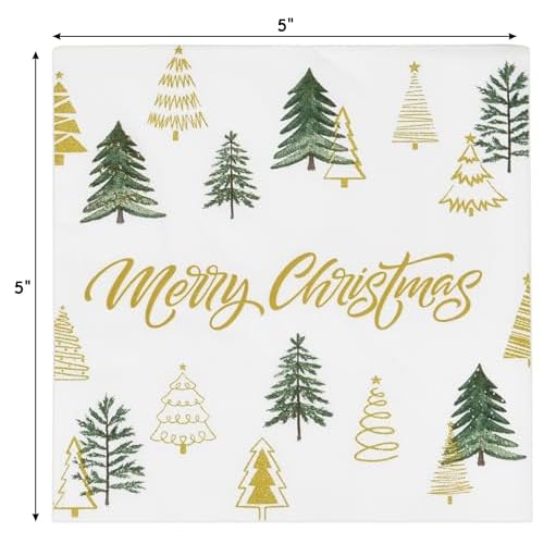Gift Boutique - 100 Merry Christmas Tree Cocktail Beverage Napkins Disposable Paper Decorative Elegant Xmas Green & Gold Trees Dessert, Napkin for Winter Holiday, Party Supplies Tableware Decoration