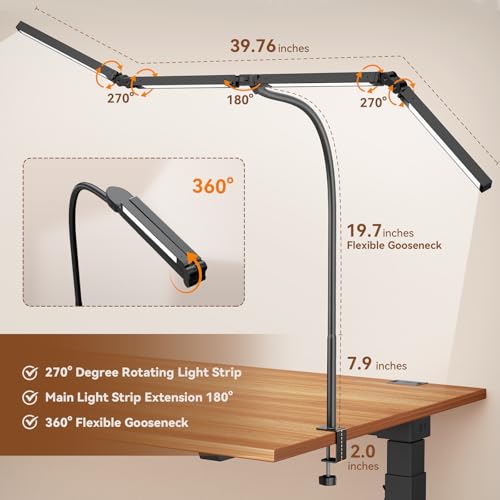 Pzloz Black Led Desk Lamp for Home Office with Clamp - Dimmable Architect Light with Remote