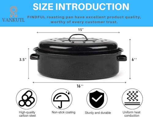 16 Inch Enamel Carbon Steel Roasting Pan with Lid - Heavy Duty Oven Safe Roastware
