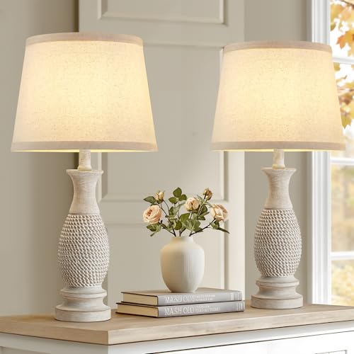 EJIAXIN 21.6-Inch Cream Resin Farmhouse Bedside Table Lamp Set of 2