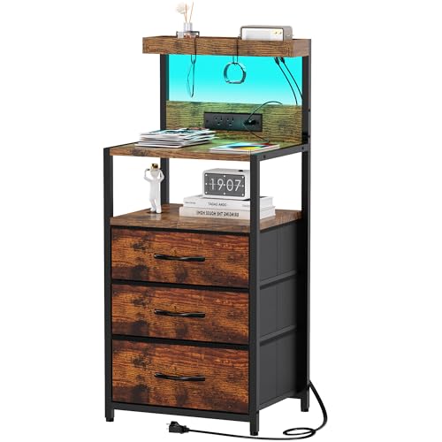 Rustic Brown Nightstand with Charging Station & 3 Fabric Drawers - 15.7"W x 38.6"H