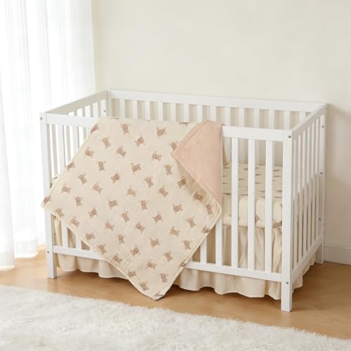 Organic Cotton Baby Crib Bedding Set with Bear Pattern - 3 Piece Nursery Quilt and Fitted Sheet, Toddler Bed Decor