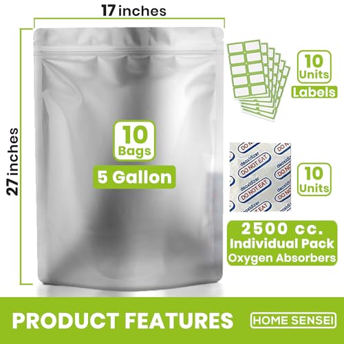 17 x 27 Inch 5 Gallon Mylar Food Storage Bags with Oxygen Absorbers - Thick Resealable Pack