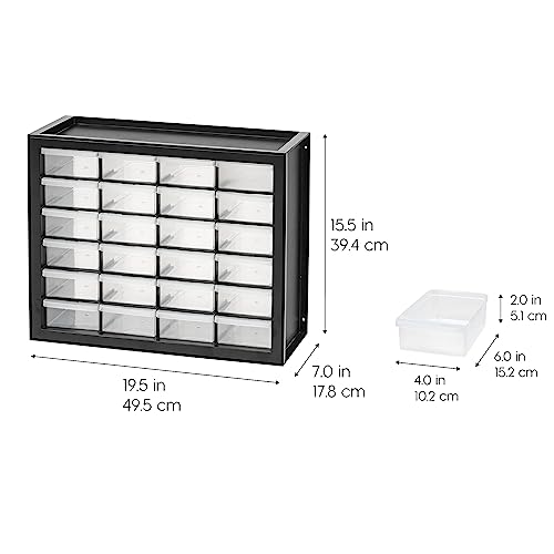 24-Drawer Plastic Storage Cabinet - Black, Multi-Purpose Organizer for Garage, Classroom, or Workshop - Made in USA