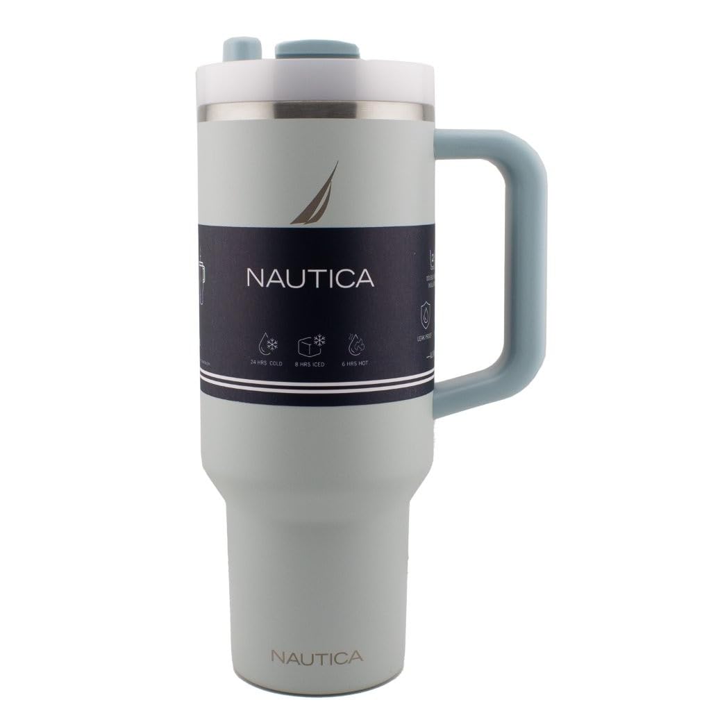 Nautica 40 oz Large Insulated Tumbler with Handle & Straw with screw on cap, Reusable Water Bottle Stainless Steel Travel Mug for Hot Cold or Iced Drink, BPA-Free, Fits Car Cup Holders (Light Blue)