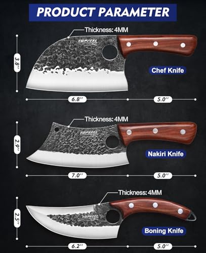Topfeel 3-Piece Hand Forged Viking Meat Cleaver Knife Set with Chef & Utility Knives