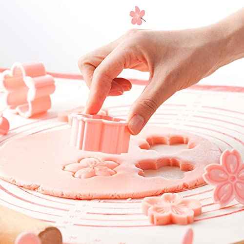 5Pcs/Set Cookie Mold Stampers Cherry Blossom Pastry/Fondant Cutters Flower-Shape Hand Pressure Pastry Mould for Sakula Cookies, Sugarcraft Cake Decoration, Polymer Clay, Chocolate (Pink)