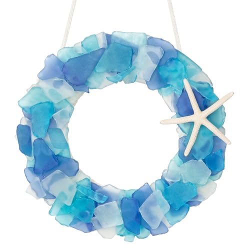 Blue Sea Glass Wreath - Handmade Coastal Beach Decor, 8.5 Inch
