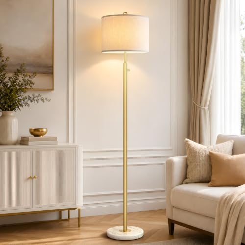Dimmable Gold Floor Lamp with Turkish Marble Base & White Linen Shade - Variation: Gold-Marble-Line Shade