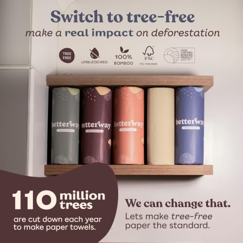 Betterway Unbleached Bamboo Paper Towels 12 Rolls - Eco-Friendly, Compostable, 2-Ply, Natural Brown