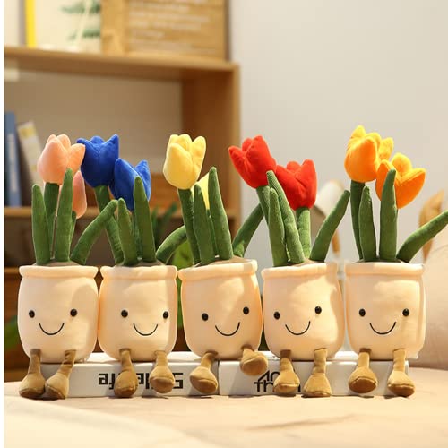2Pack Tulip Plush Toy 13" Succulent Flower Pot Plush Pillow Toy Stuffed Throw Plushie Pillow Doll for Office and Kids Room Decorate,Blue+Yellow