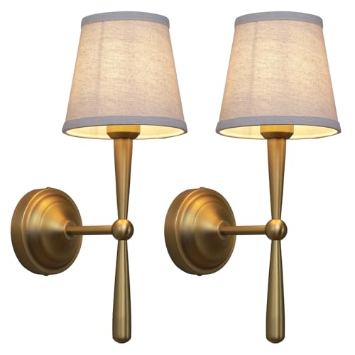 JIMUBEAM Brass Wall Sconces Set of Two with Linen Fabric Shades - E26 Vanity Bathroom Lights, Hardwired Indoor Wall Lamps - Brass_2 Pack