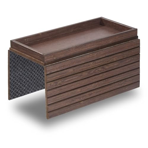 Walnut Couch Arm Tray with Spacious Storage Box and Non-Slip Felt Base