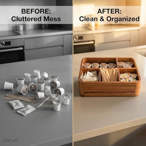 Acacia Wood Coffee Station Organizer with 5 Compartments for Kitchen Countertop and Office