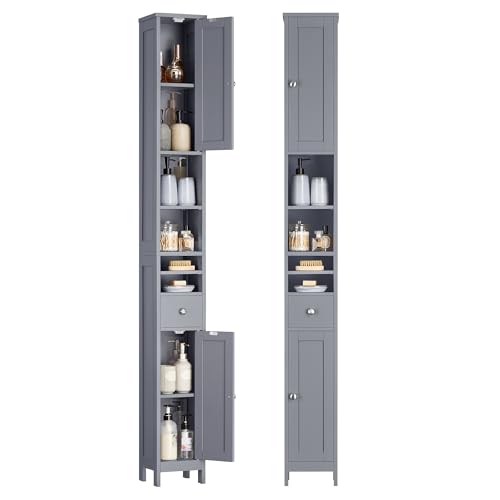 VASAGLE Tall Bathroom Cabinet - Slim Freestanding Storage with Drawer & Open Shelves, Dove Gray, 7.7D x 8.4W x 70.9H, No Lights