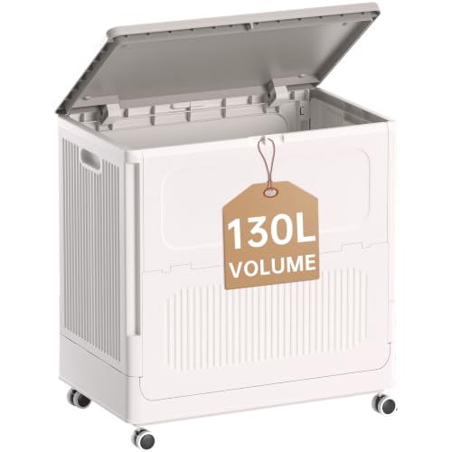 Milky 130L Rolling Laundry Hamper with Lid - Easy Move & Lock, Tall Storage Basket