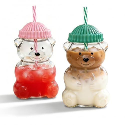 Pink & Green 20oz Bear Glass Cup with Lid & Reusable Straw - 2 Pack