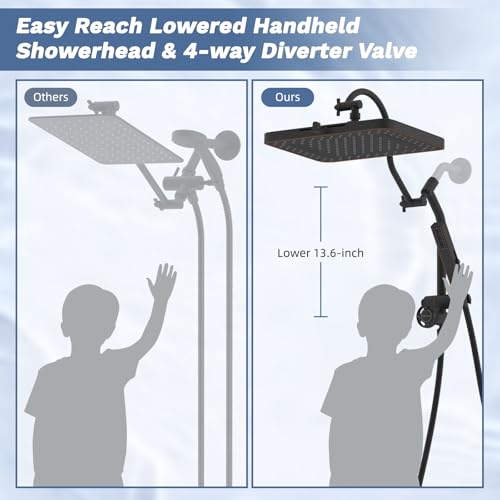 Square 13-Inch Rainfall Shower Head with 5 Modes and Oil-Rubbed Bronze Finish - Includes 4-Way Diverter & Handheld Spray