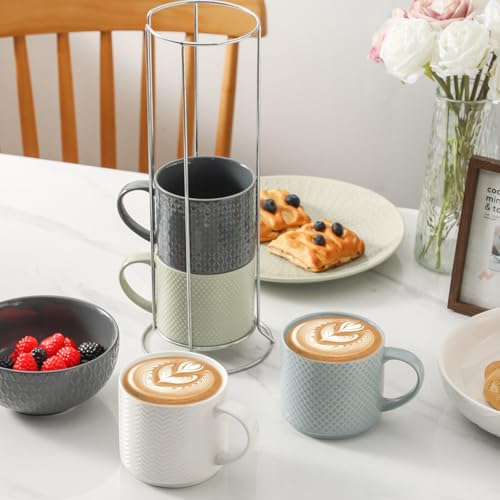 Multicolor Coffee Mug Set with Metal Stand - 15 oz Embossed Ceramic Cups for Latte Tea Cappuccino