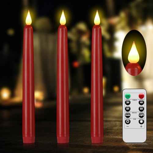 Flameless Taper Candle with Remote Control, 3pack Plastic LED Candles, Flickering Candles Battery Operated,9.2''Classic Tall Candle for Wedding, Party,Christmas,Home Decor £¨Red