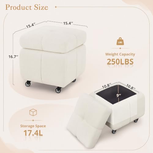 LUE BONA Beige Square Storage Ottoman with Wheels, 17.4L Tufted Foot Rest & Hidden Storage