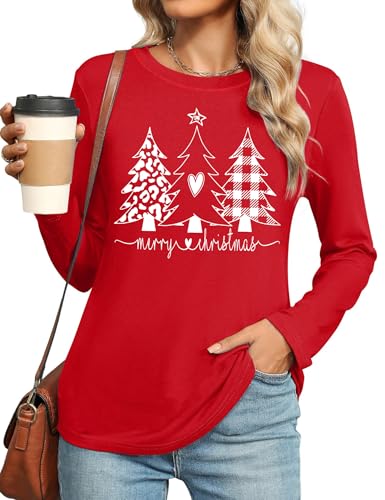 MEESHEEP Merry Christmas Shirts for Women X-Large Red Plaid Xmas Trees Graphic Tee