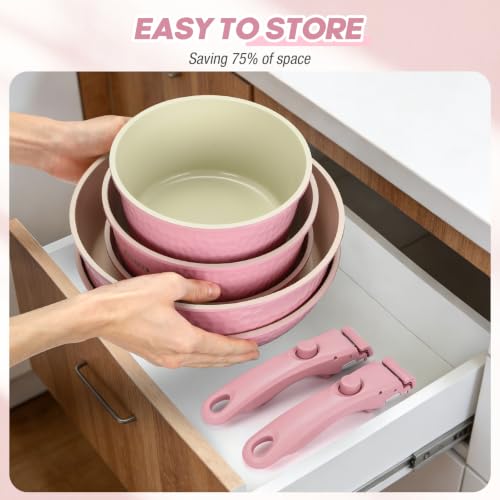 Pink 21-Piece Ceramic Nonstick Cookware Set with Detachable Handles - Space-Saving, Dishwasher & Oven Safe