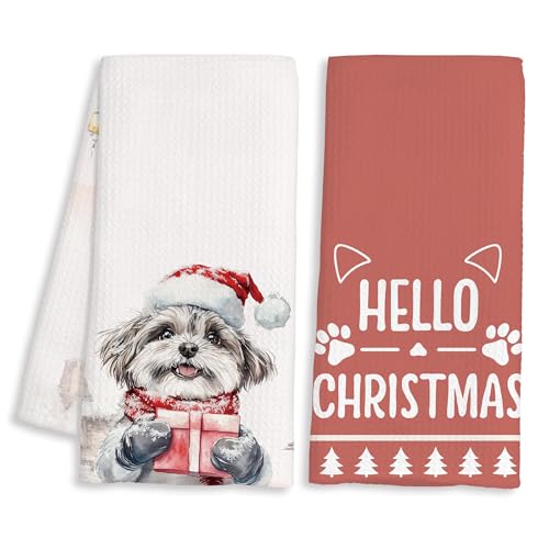 Winter Shih Tzu Christmas Kitchen Towels Set of 2 - Dog Winter Decor, 16x24 Inches