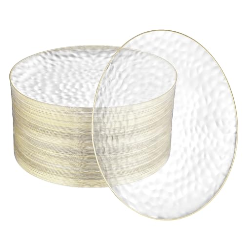 Gold Rimmed Clear Plastic Plates 10 Inch - Heavy Duty Disposable Party Tableware - 100 Pack