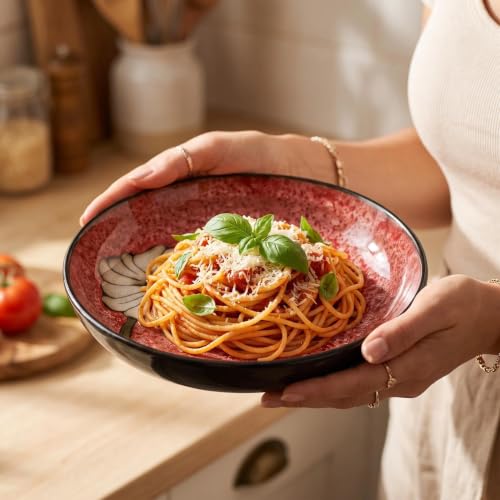 Ceramic Pasta Bowl Set of 4 - 8.5 Inch Deep Plates with Colorful Variations