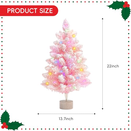 Pink Artificial Christmas Tree with Lights - 2ft Snow Flocked Mini Tree for Indoor & Outdoor Holiday Decor - Battery Operated, Wooden Stand, LED String Included