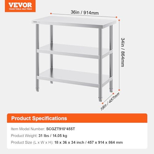 18 x 36 x 34 Inch Stainless Steel Food Prep Table with Adjustable Shelves – Commercial Kitchen Workstation