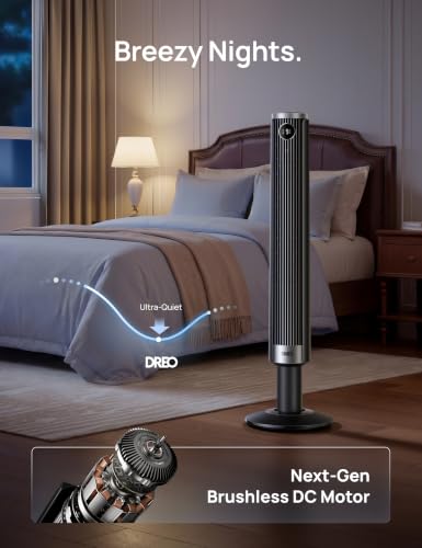 DREO Smart Tower Fan for Bedroom - Black, 40-45 Inch Adjustable Height, 9 Speeds