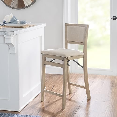 Natural Rustic Wooden Folding Counter Stool with Beige Upholstery - 25 Inch Seat Height - Variation of THIS listing