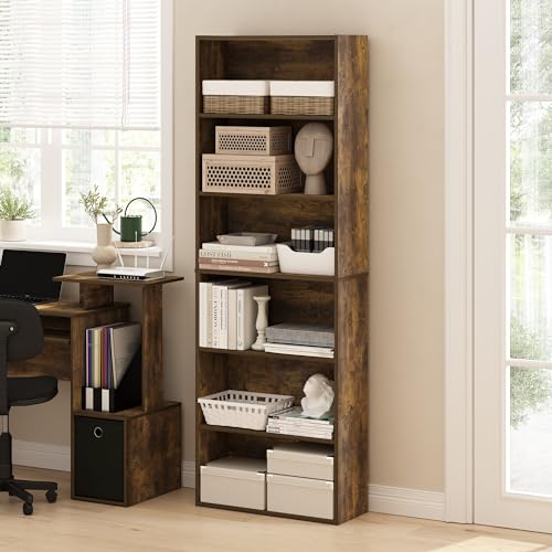 Furinno Jaya Simply 6-Tier Open Storage Bookcase - Amber Pine, Slim Tall Shelving