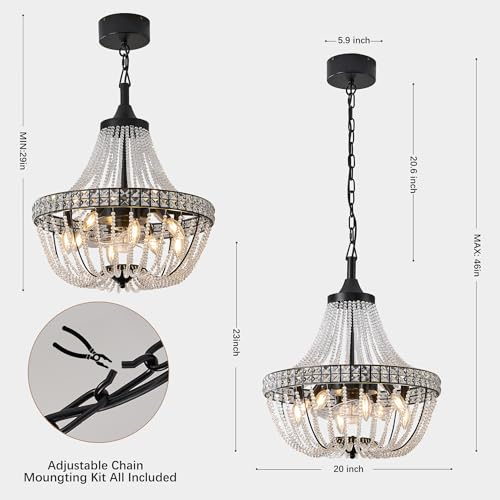 20-Inch Boho Ceiling Fan with Crystal Beads, Black Modern Decor