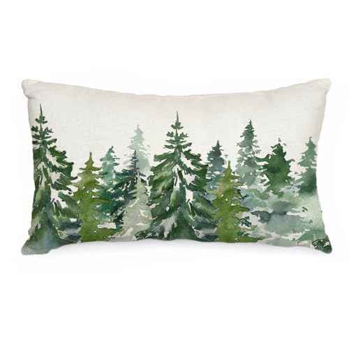 AACORS Christmas Pillow Cover 12x20 Inch Watercolor Teal Tree Decoration Holiday Farmhouse Pillow Case Nature Forest Decor for Home Sofa Couch (Dark Green) AA286-12