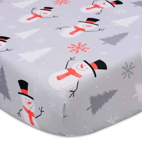 Christmas Crib Sheet, Fitted Crib Sheet with Christmas Snowman, Snowflake, Pine Tree, Measuring 52'' x 28'' to fit Standard Crib & Toddler Mattresses, Gray