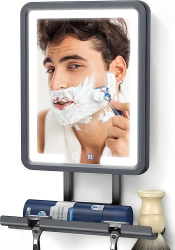 DeLanges Gunmetal Grey Heated Shower Mirror Fogless with Dimmable LED Lights, Rechargeable & 360° Adjustable, All-in-One Shaving Storage
