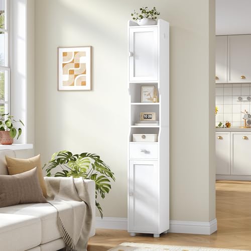 HEXCELEN Tall White Bathroom Storage Cabinet 11"D x 11"W x 70.9"H with Shelves