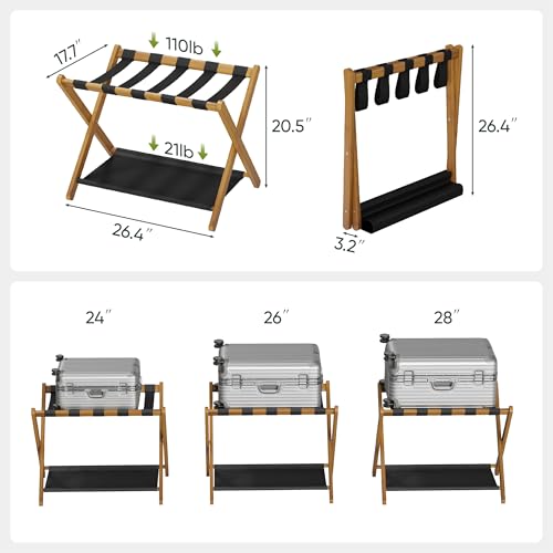 Smart FENDEE Walnut Bamboo Folding Luggage Rack 2 Pack, Suitcase Stand with Storage Shelf for Hotel & Guest Room