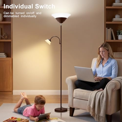 Brown 2-in-1 LED Floor Lamp with Remote & Touch Control, Dimmable Reading Light
